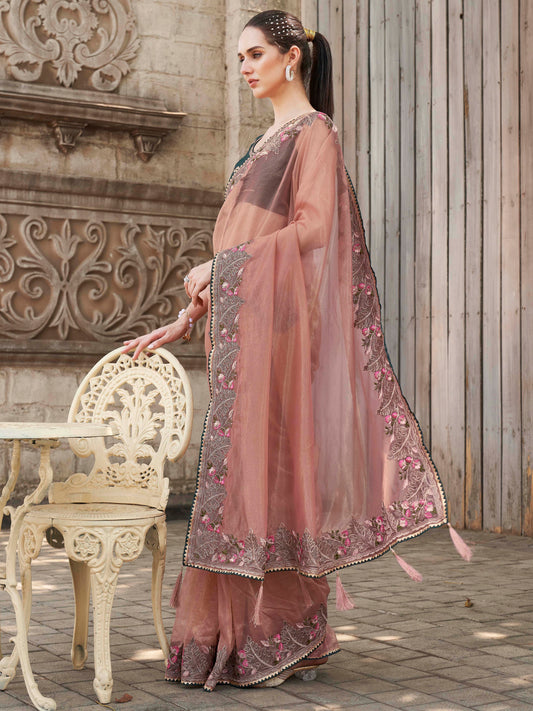 peach colored designer shimmer net embroidered saree