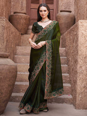 mehendi green colored designer jimmy choo saree with embroidered border