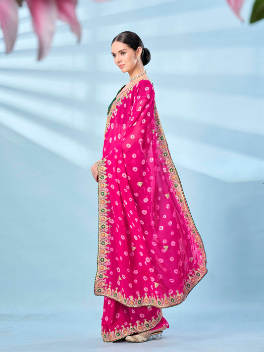 Tikhi Imli - Rani colored bandhani printed embroidered saree