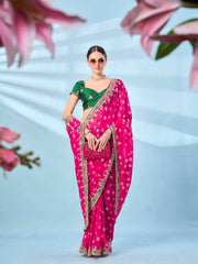 Tikhi Imli - Rani colored bandhani printed embroidered saree