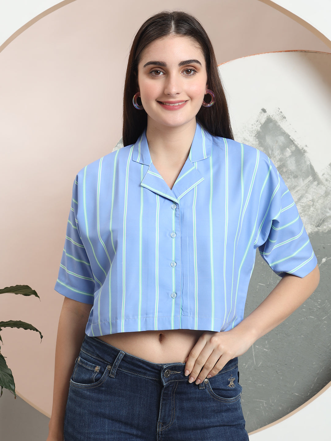 womens solid vertical striped regular fit crop shirt