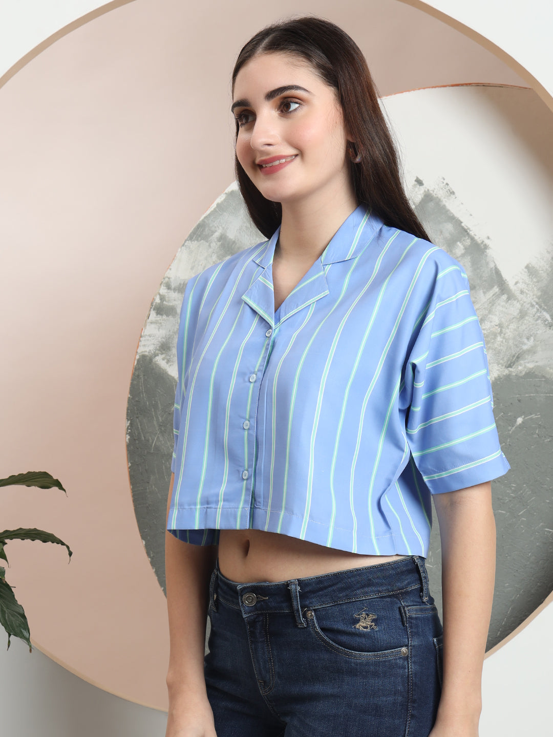 womens solid vertical striped regular fit crop shirt