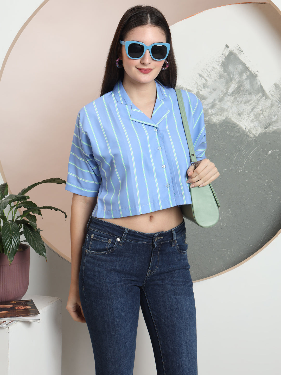 womens solid vertical striped regular fit crop shirt