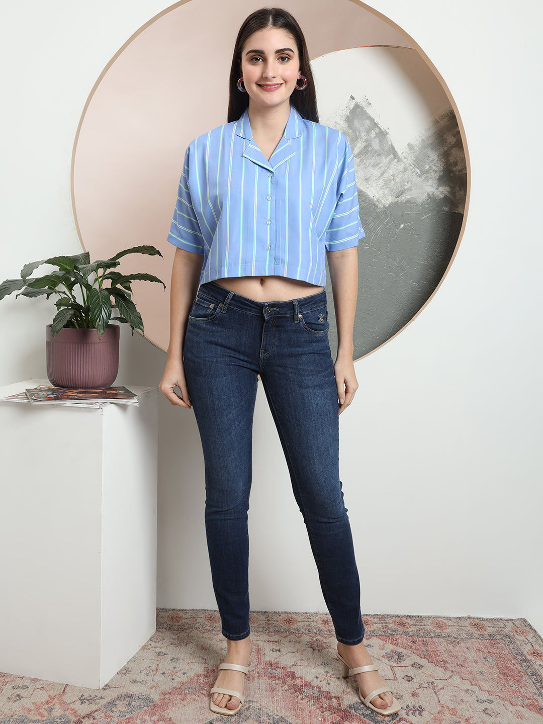 womens solid vertical striped regular fit crop shirt