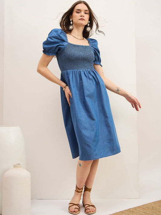 Zummer Blue Denim Smocked Midi Dress