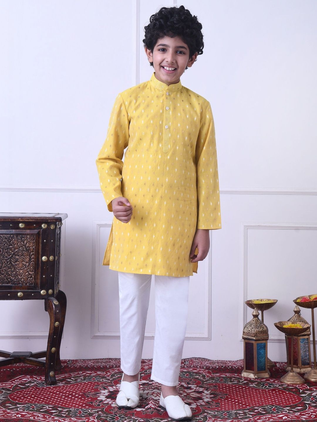 Indi Loom Couture Boys Yellow Chanderi Booti Ethnic Kurta with White Pajama Set ILBKS13