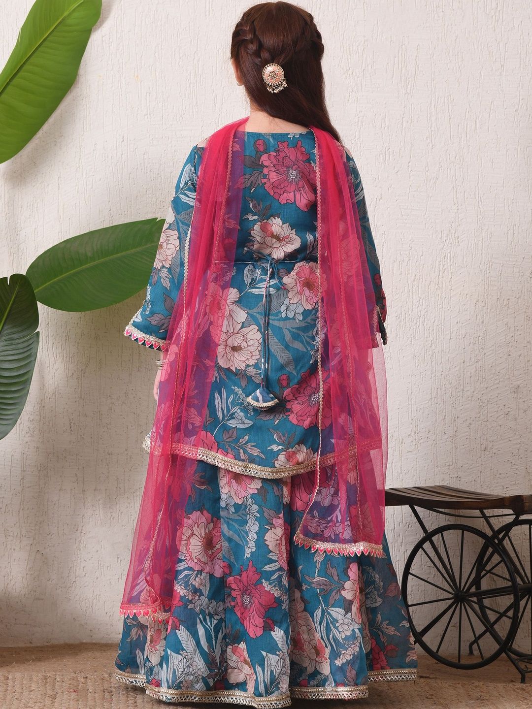 Indi Loom Couture Girls Green Printed Kurta Skirt with Dupatta Set ILLCD44