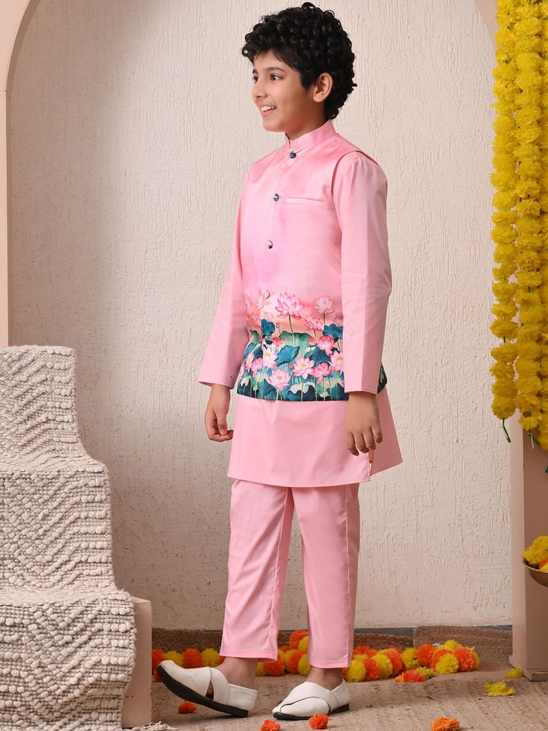 Indi Loom Couture Boys Pink Kurta Pyjama With Printed Jacket Set ILBKSJ09