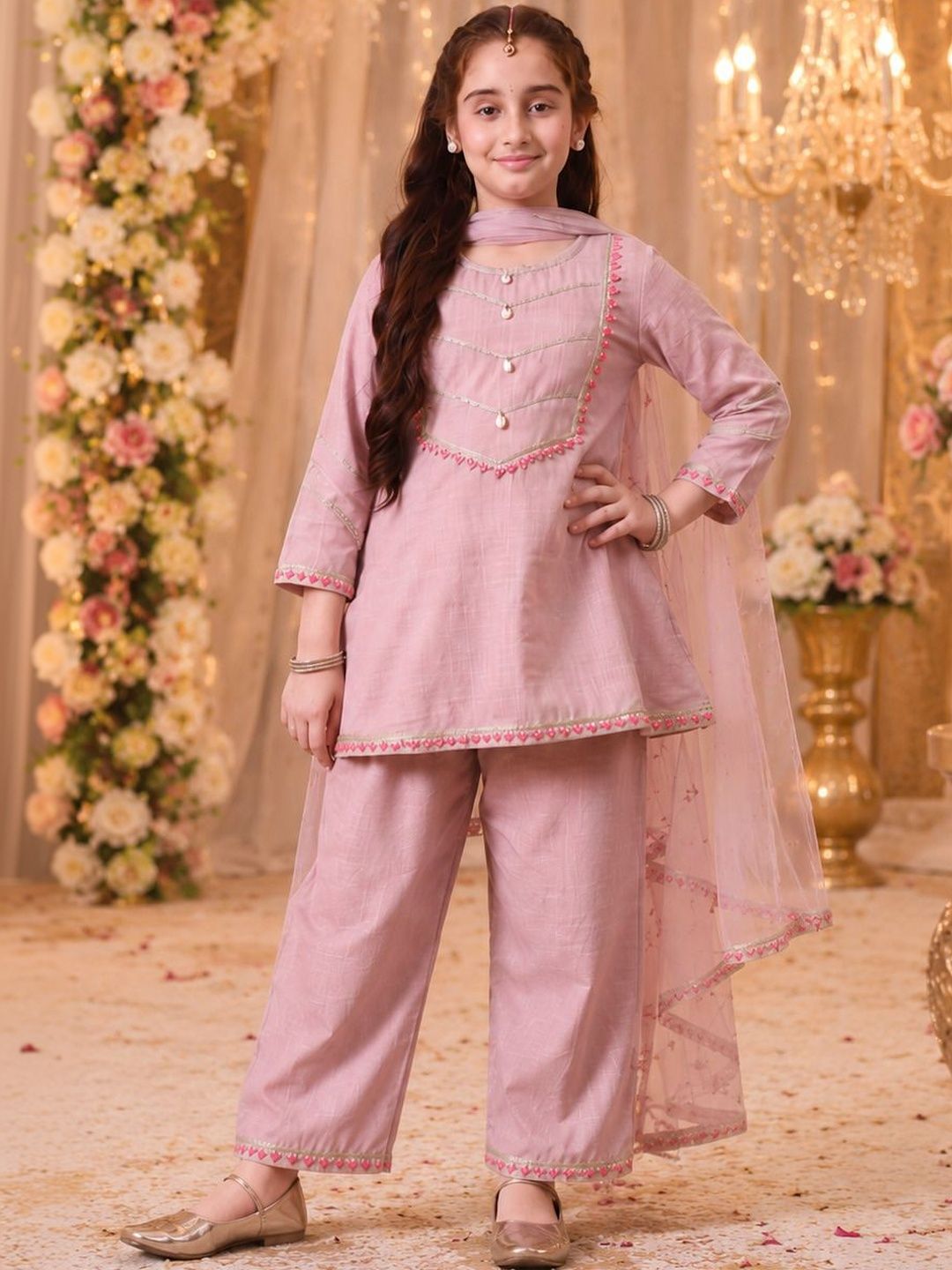 Girls Pink Embellished Kurta Palazzo Set with Dupatta ILKSD66