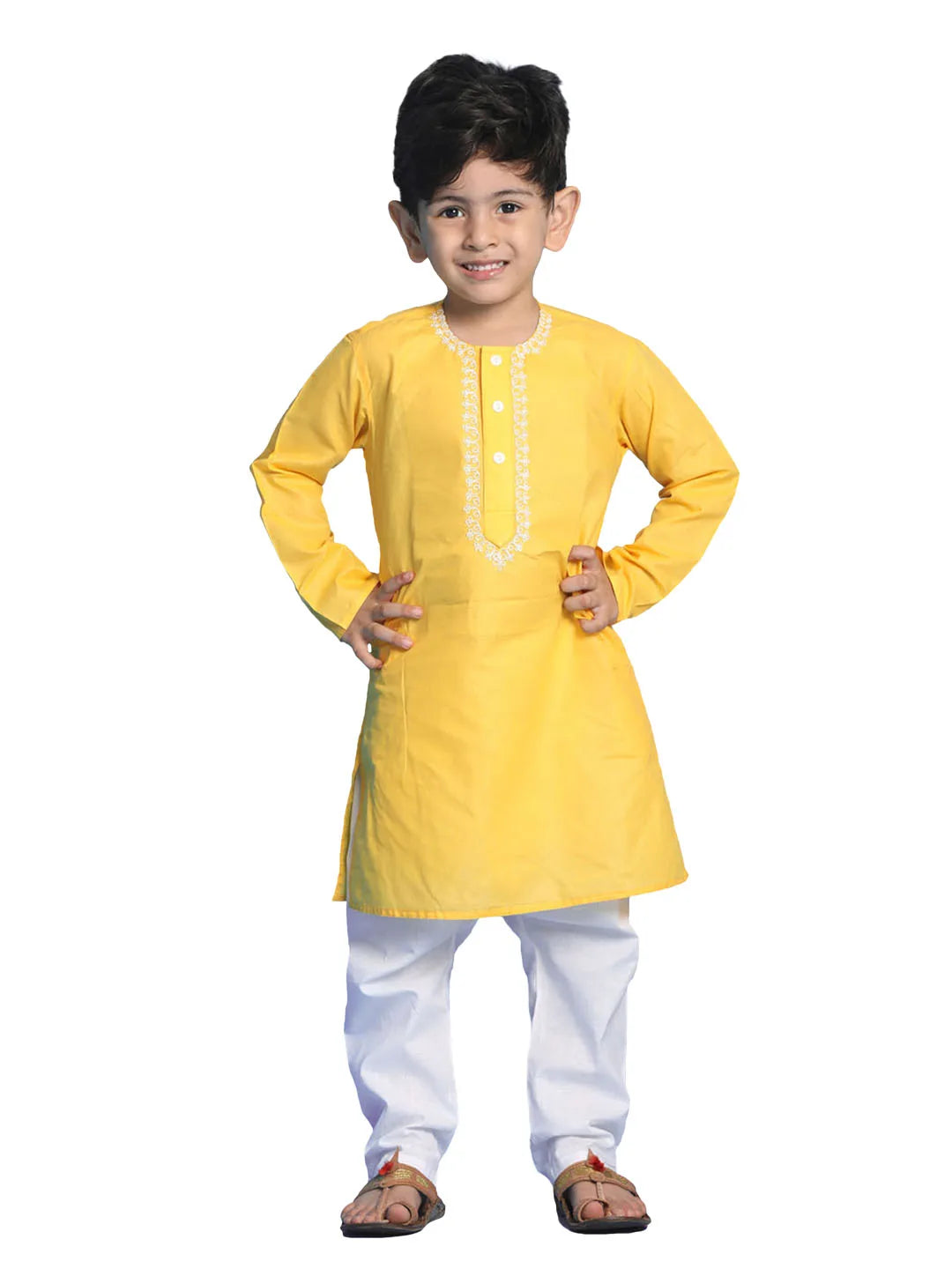 Vastramay - Boys' Yellow and White Kurta Pyjama Set