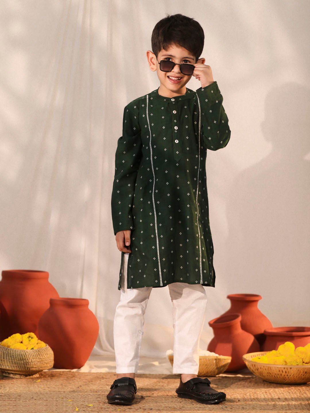 Vastramay - Boys' Bottle Green Kurta Pyjama Set