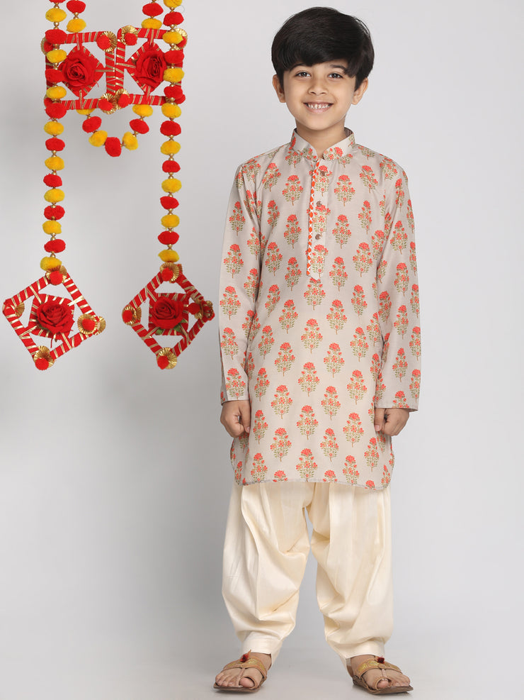 Vastramay - Boy's' Multicolor-Base-Beige And Cream Kurta Patiala Set