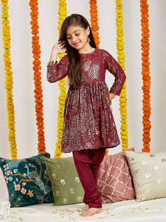 Vastramay - Girls' Maroon Embellished Kurta Pyjama Set