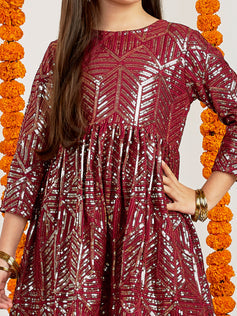 Vastramay - Girls' Maroon Embellished Kurta Pyjama Set