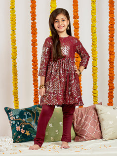 Vastramay - Girls' Maroon Embellished Kurta Pyjama Set