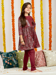 Vastramay - Girls' Maroon Embellished Kurta Pyjama Set