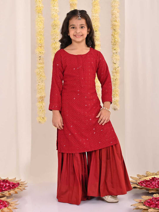 Vastramay - Girls' Maroon Embellished Kurta Palazzo Set