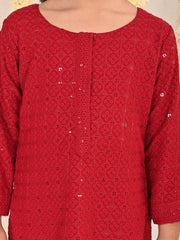 Vastramay - Girls' Maroon Embellished Kurta Palazzo Set
