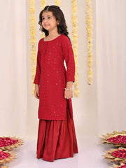 Vastramay - Girls' Maroon Embellished Kurta Palazzo Set
