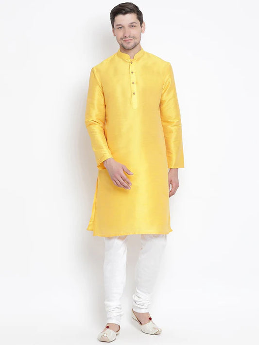 Vastramay - Men'S Yellow Cotton Silk Blend Kurta Only