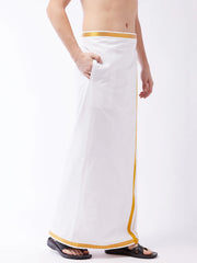 VASTRAMAY - قميص Dhoti/Mundu/Vesty باللونين الأبيض والذهبي للرجال