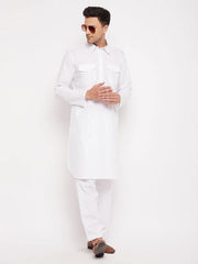 VASTRAMAY Men's White Cotton Blend Pathani Suit Set