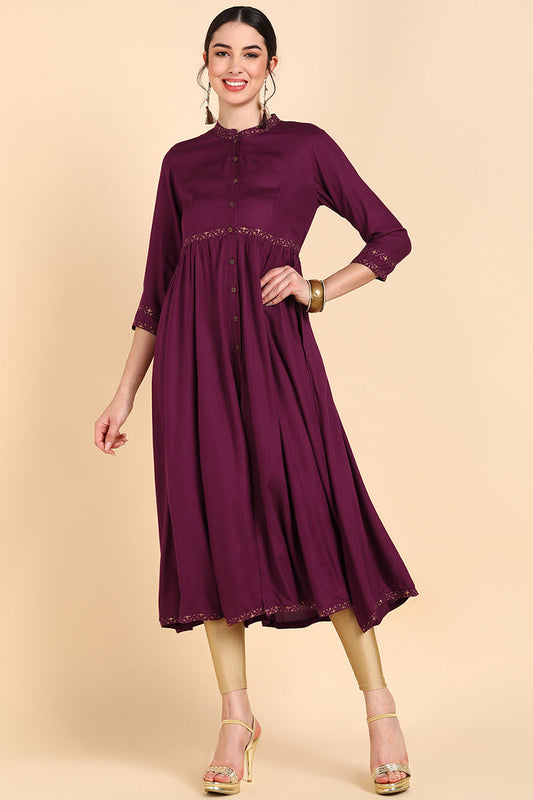 burgundy rosewood thread work anarkali kurta 