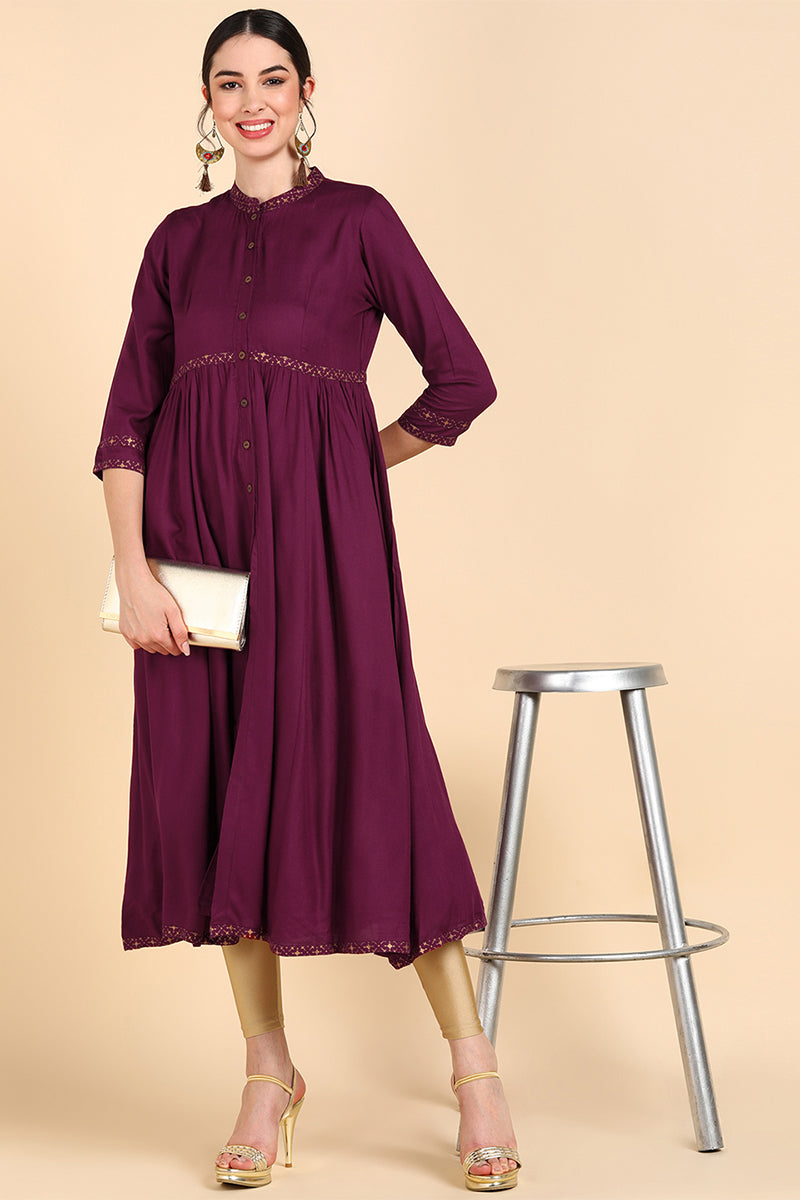 burgundy rosewood thread work anarkali kurta 