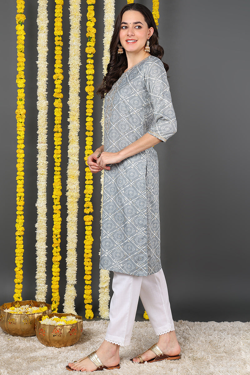 grey cotton blend bandhani printed straight kurta