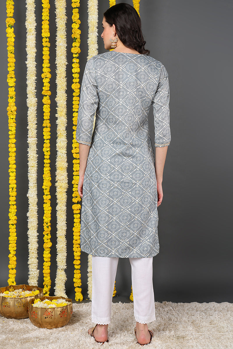 grey cotton blend bandhani printed straight kurta