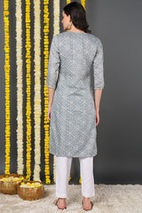 grey cotton blend bandhani printed straight kurta