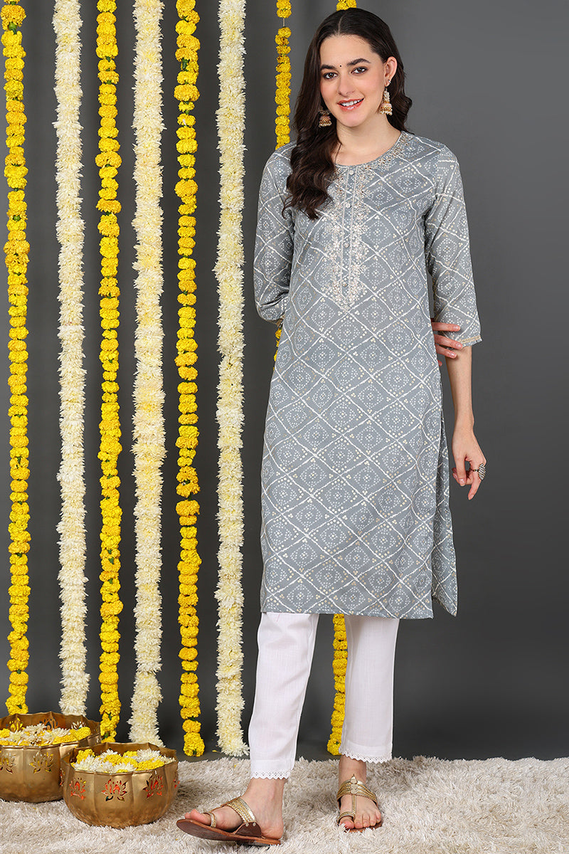 grey cotton blend bandhani printed straight kurta