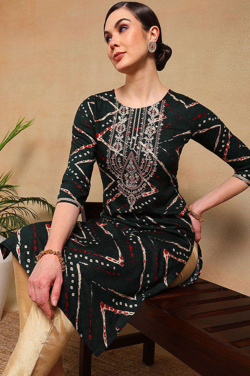 Green Viscose Rayon Chevron Printed Straight Kurta