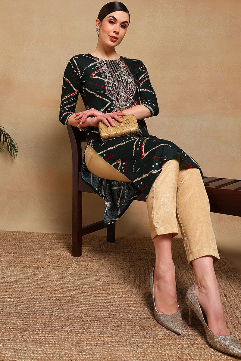 Green Viscose Rayon Chevron Printed Straight Kurta