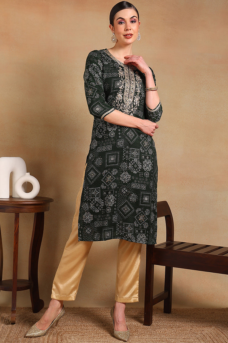 green silk blend ethnic motifs printed straight kurta
