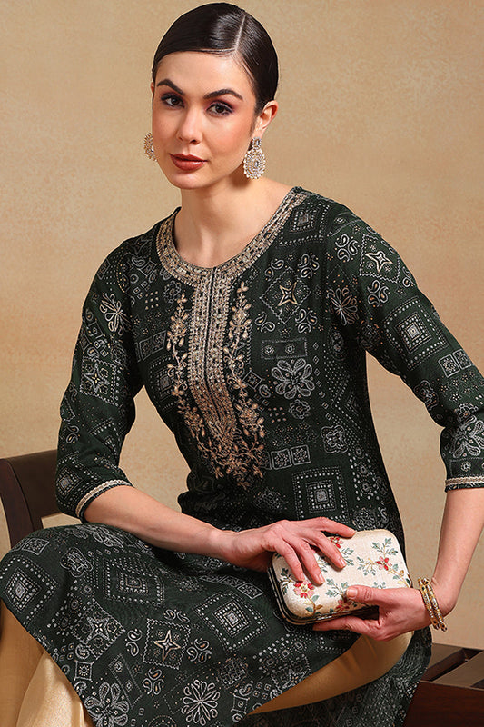 green silk blend ethnic motifs printed straight kurta