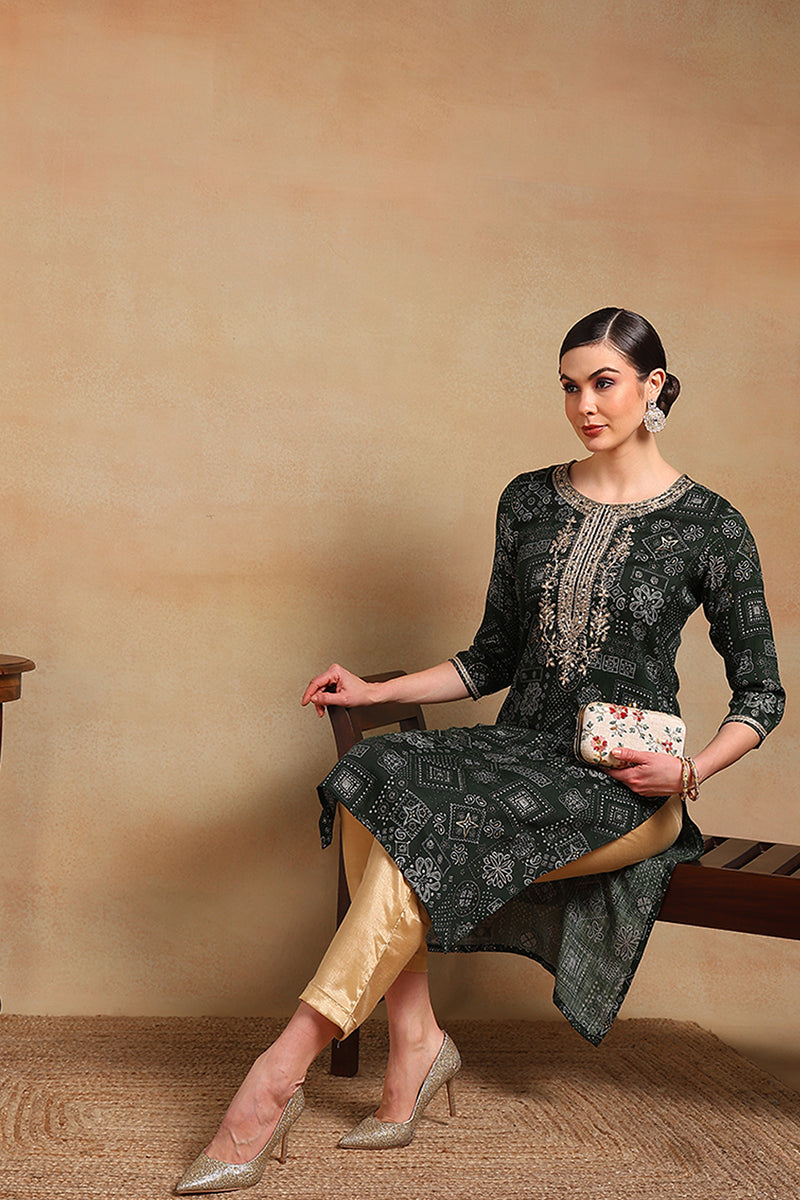 green silk blend ethnic motifs printed straight kurta