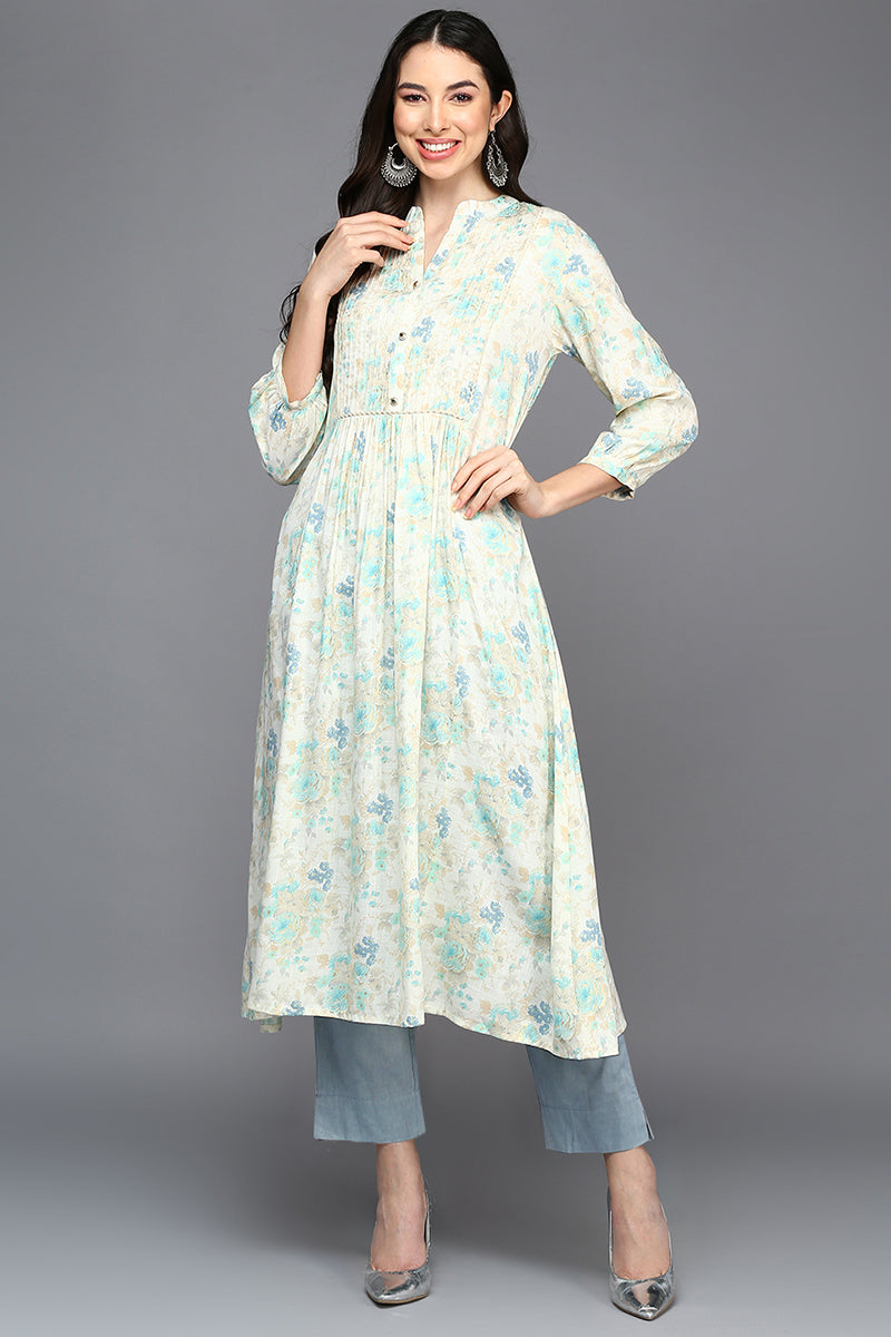 off white cotton blend printed flared kurta vck9418