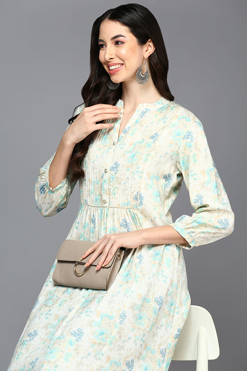 off white cotton blend printed flared kurta vck9418