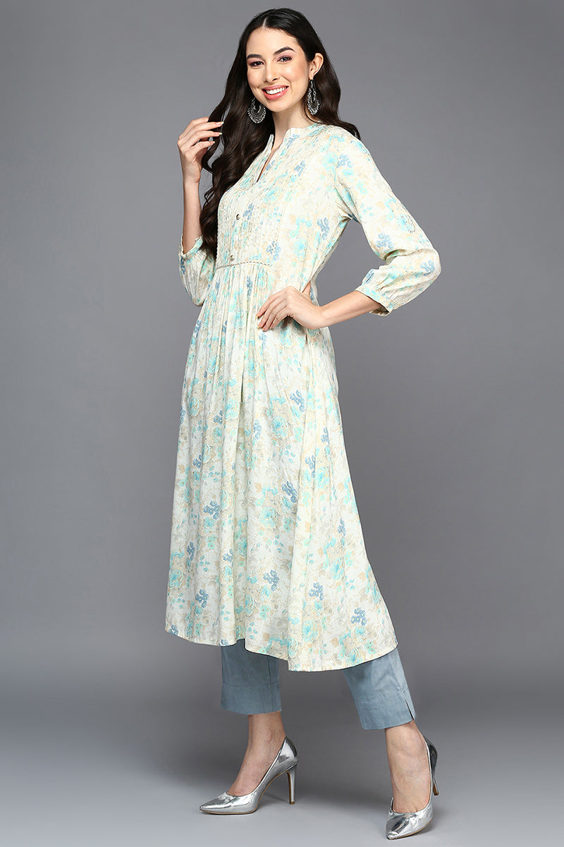 off white cotton blend printed flared kurta vck9418