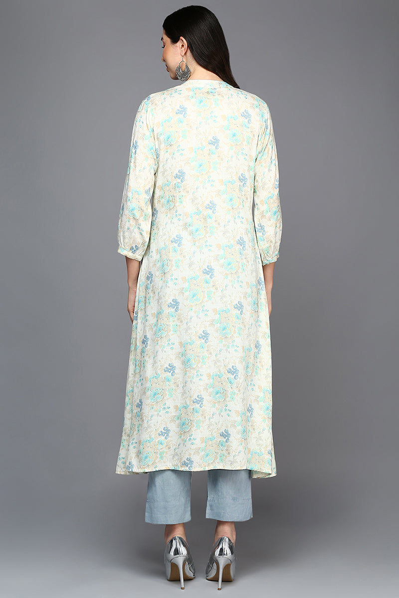 off white cotton blend printed flared kurta vck9418