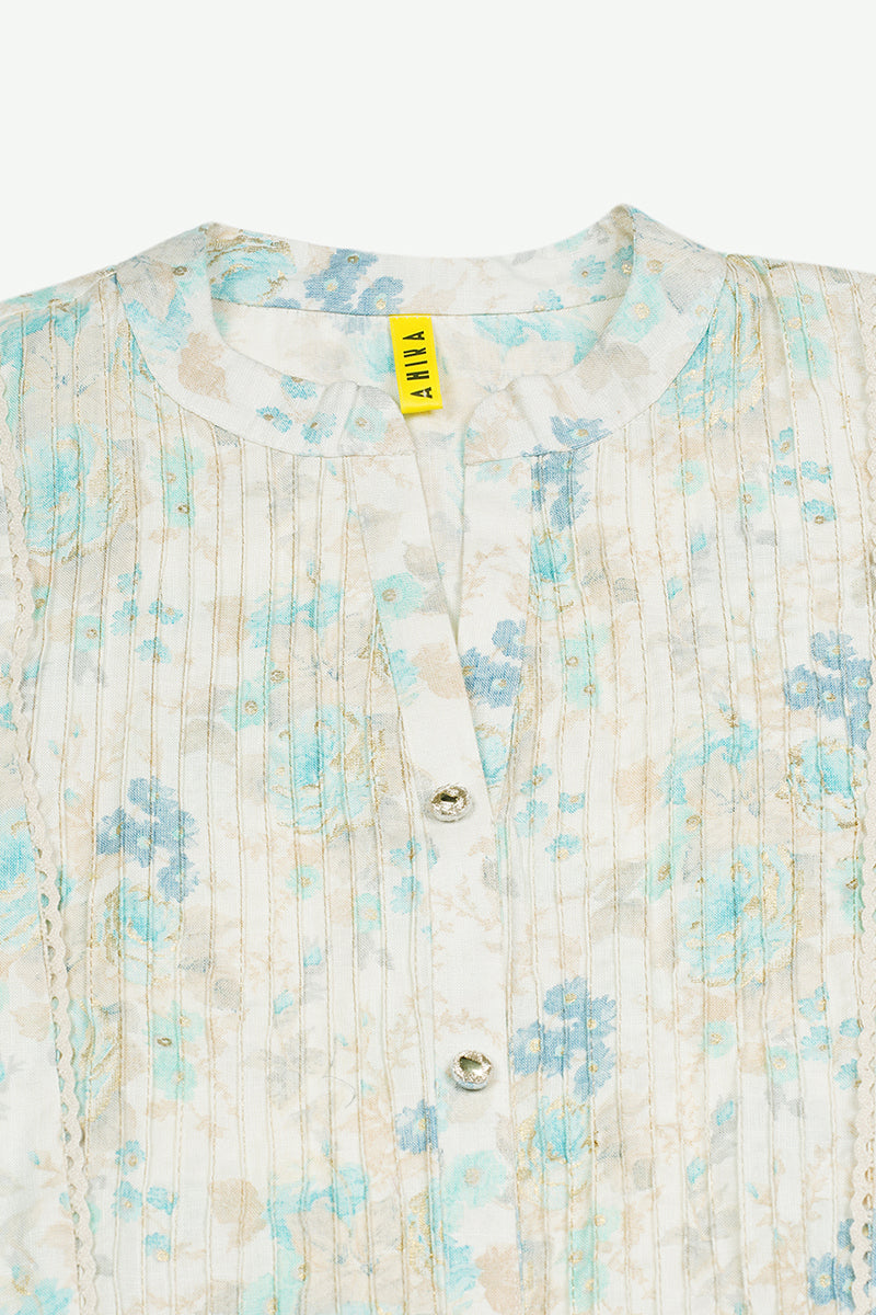 off white cotton blend printed flared kurta vck9418
