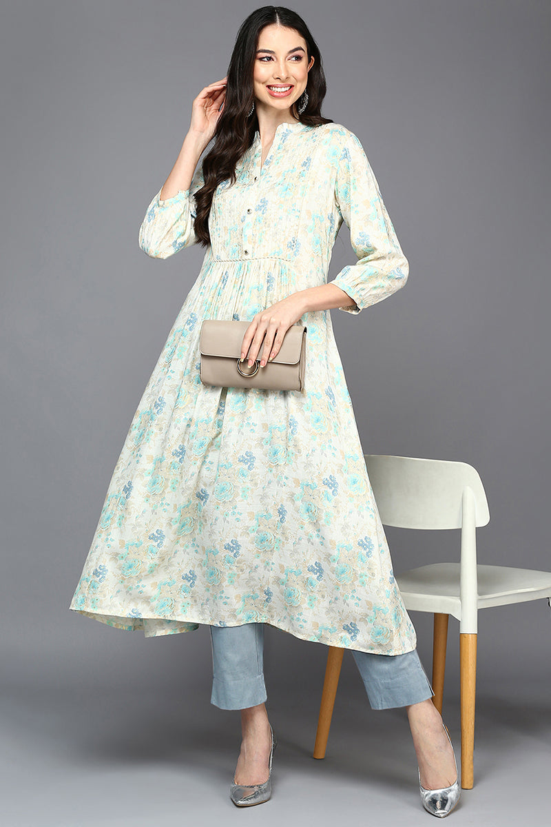 off white cotton blend printed flared kurta vck9418
