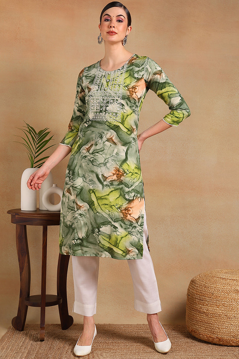 green cotton blend abstract printed straight kurta vck9563