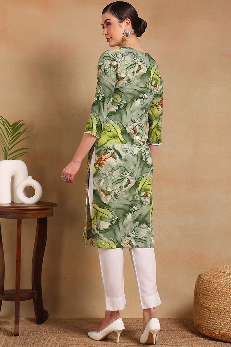 green cotton blend abstract printed straight kurta vck9563