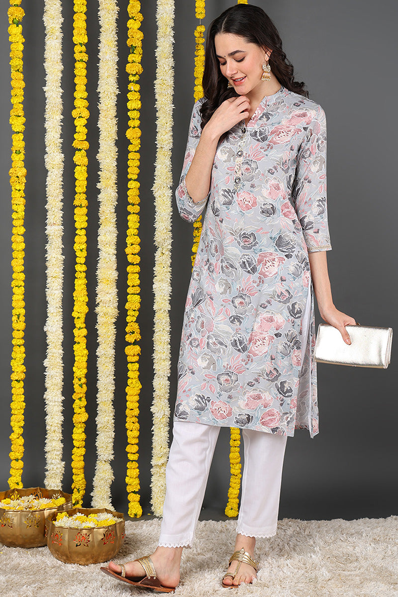 Plus Size Grey Viscose Rayon Floral Printed Straight Kurta