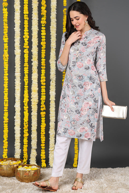 Plus Size Grey Viscose Rayon Floral Printed Straight Kurta