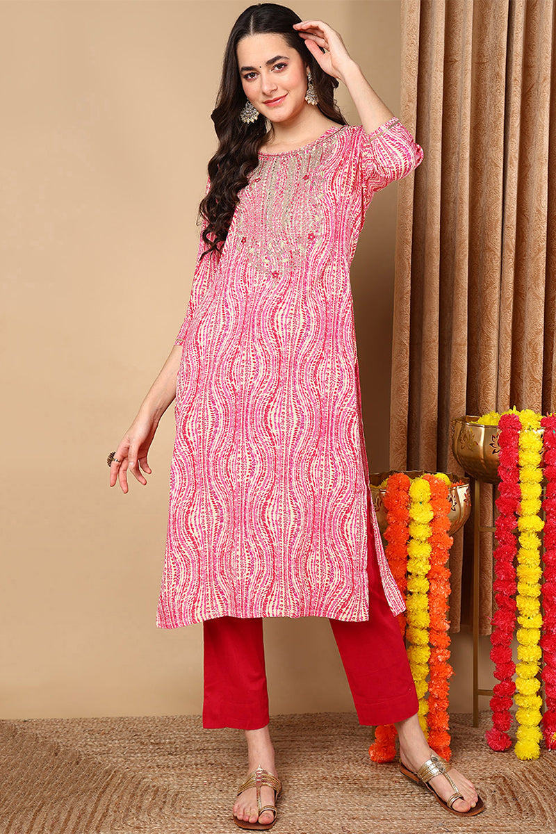 Pink Viscose Rayon Abstract Printed Straight Kurta