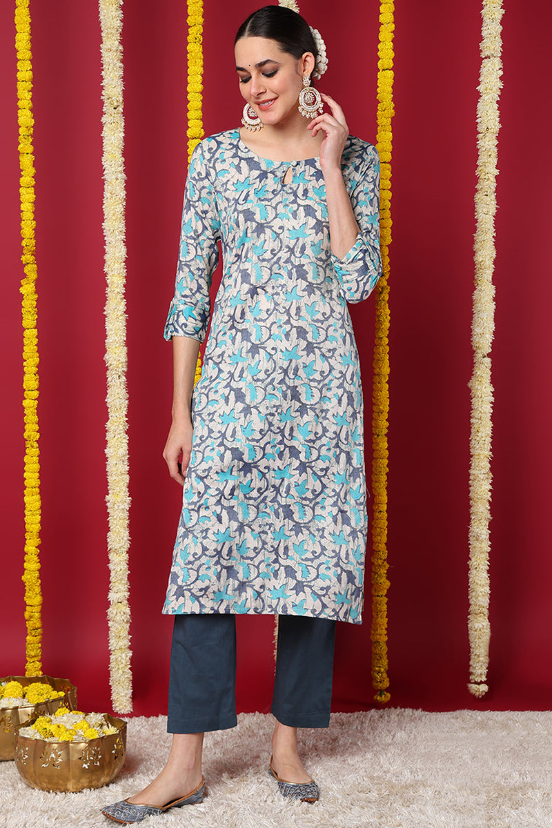blue silk blend ethnic motifs printed straight kurta vck9709