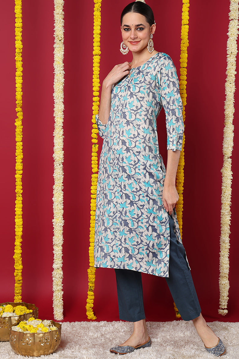 blue silk blend ethnic motifs printed straight kurta vck9709